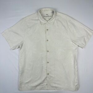 Tommy Bahama Mens Large Silk Camp Shirt Off White Tropical Jacquard Short Sleeve